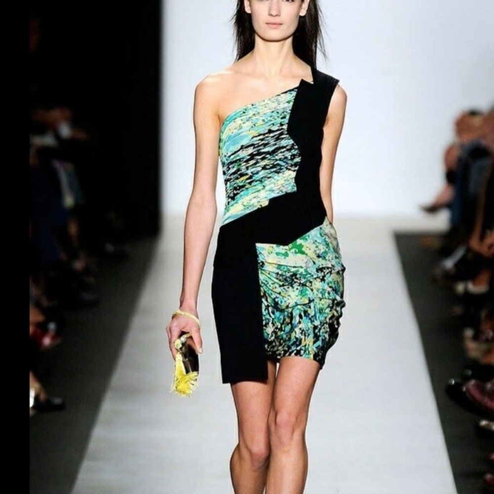 BCBGMaxAzria RUNWAY One-Shoulder Black and Green Mini Dress